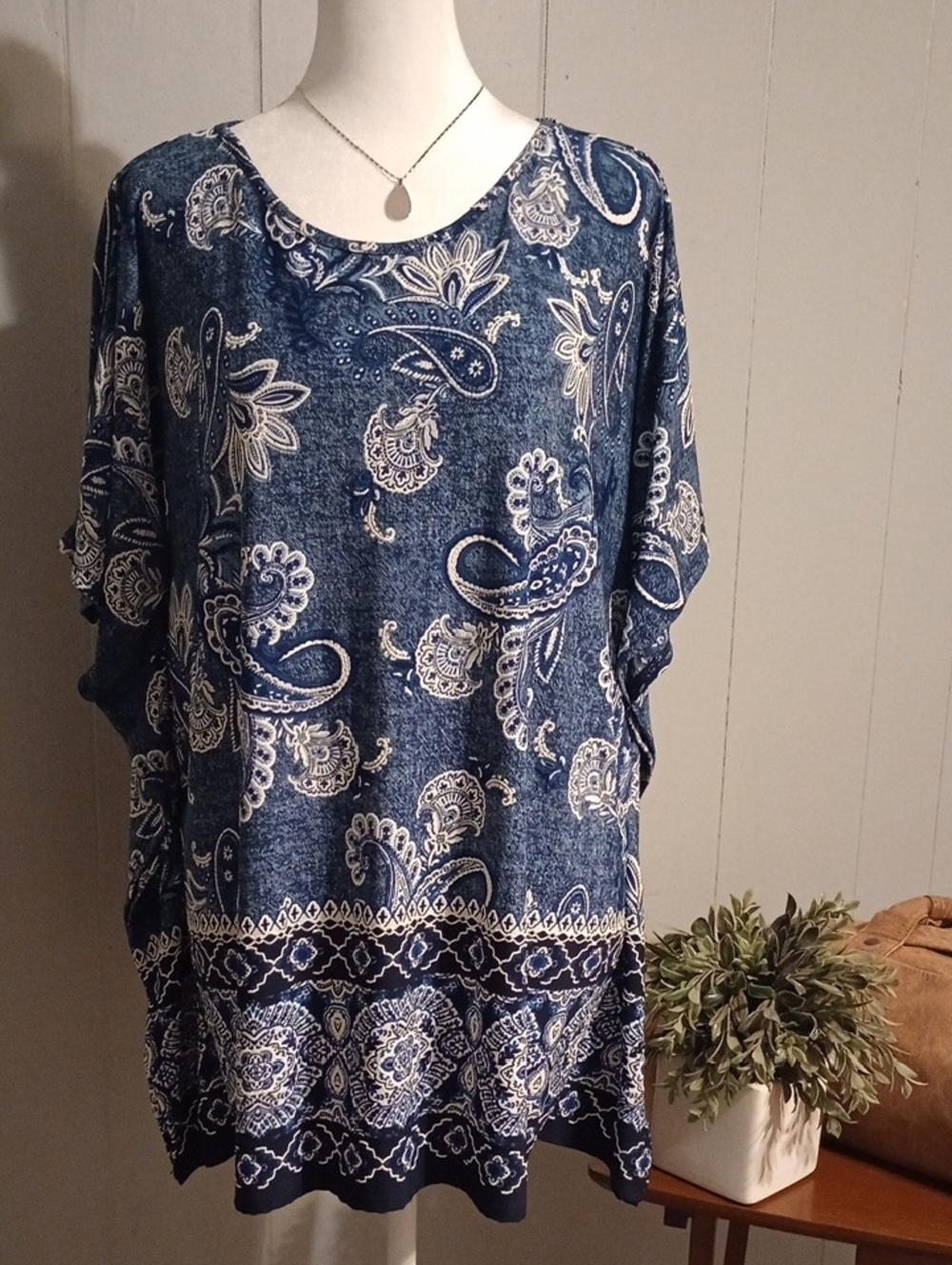 Blue and White Paisley Poncho Style Top Size L/XL